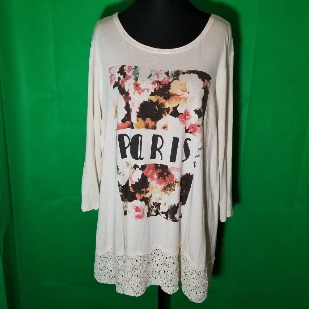 Avenue Womens Plus Size 18/20 Paris Tan Lace Trim 3/4 Sleeve Top Casual Retro